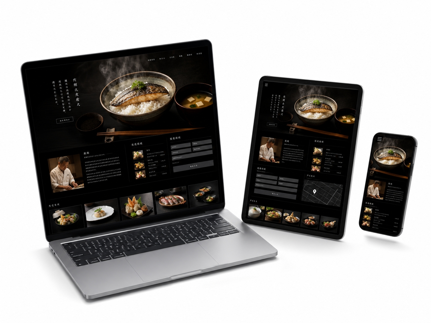 飲食店・和食（墨色＋白／湯気の立つ料理クローズアップ）